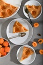 Slices of fresh apricot pie cake with fruits on grey table background. Top view Royalty Free Stock Photo