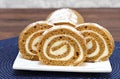 Slices of fresh baked pumpkin roll cake. Royalty Free Stock Photo