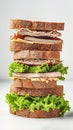 slices of fresh grain bread, homemade boiled pork and green lettuce leaves on a white background