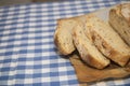 Slices of fresh homemade white yeast bread with flax seeds,