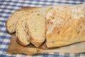 Slices of fresh homemade white yeast bread with flax seeds,