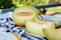 Slices of fresh honey melon on a white wooden table Royalty Free Stock Photo