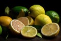 Slices of fresh juicy yellow lemons and limes on a table