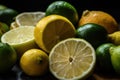 Slices of fresh juicy yellow lemons and limes on a table