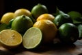 Slices of fresh juicy yellow lemons and limes on a table