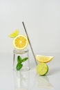 Slices of fresh lemon and lime, mint leaf, transparent glass and reusable steel straw on grey background. Detox concept Royalty Free Stock Photo