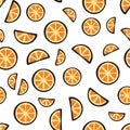 Slices fresh orange fruit on white background pattern