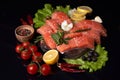 Slices of fresh salmon on a cutting wooden board with lemon slices, onions, cherry tomatoes on a twig, green olives, lettuce Royalty Free Stock Photo