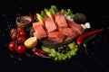 Slices of fresh salmon on a cutting wooden board with lemon slices, onions, cherry tomatoes on a twig, green olives, lettuce Royalty Free Stock Photo