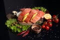 Slices of fresh salmon on a cutting wooden board with lemon slices, onions, cherry tomatoes on a twig, green olives, lettuce Royalty Free Stock Photo