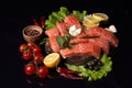 Slices of fresh salmon on a cutting wooden board with lemon slices, onions, cherry tomatoes on a twig, green olives, lettuce Royalty Free Stock Photo