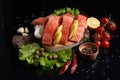 Slices of fresh salmon on a cutting wooden board with lemon slices, onions, cherry tomatoes on a twig, green olives, lettuce Royalty Free Stock Photo