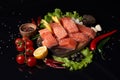 Slices of fresh salmon on a cutting wooden board with lemon slices, onions, cherry tomatoes on a twig, green olives, lettuce Royalty Free Stock Photo