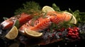 Slices of fresh salmon on a wooden cutting board with lemon slices, herbs, cherry tomatoes on a branch, olives, red