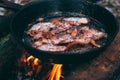 Slices of fried bacon in a pan. Food in a forest camp. Cooking on fire. Picnic in the nature. Grilled food on nature Royalty Free Stock Photo