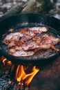 Slices of fried bacon in a pan. Food in a forest camp. Cooking on fire. Picnic in the nature. Grilled food on nature Royalty Free Stock Photo