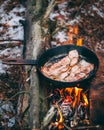 Slices of fried bacon in a pan. Food in a forest camp. Cooking on fire. Picnic in the nature. Grilled food on nature Royalty Free Stock Photo