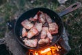 Slices of fried bacon in a pan. Food in a forest camp. Cooking on fire. Picnic in the nature. Royalty Free Stock Photo