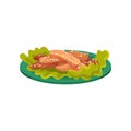 Slices of fried chicken with sesame seeds served with lettuce leaves on a plate, tasty poultry dish vector Illustration