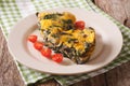 Slices of frittata with spinach, cheese and mushrooms on a plate