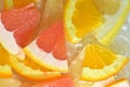 Slices of grapefruit, orange and pomelo in water on white background. Pieces of grapefruit, orange fruit and honey Royalty Free Stock Photo