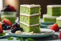 Slices of green cakes with fruit as garnish. hand in frame. Cake potong