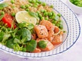 Slices of grilled salmon, quinoa, green peas, tomato, lime and lettuce leaves Royalty Free Stock Photo