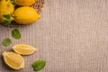 Slices, half fresh juicy lemon with mint leaves. Top view with c Royalty Free Stock Photo