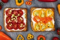 Slices of healthy whole grain toast topped with vegetables like yellow and orange bell pepper and cherry tomatos Royalty Free Stock Photo