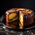 Slices of homemade marble cake on a wooden plate with brown backround. Royalty Free Stock Photo