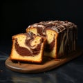Slices of homemade marble cake on a wooden plate with brown backround. Royalty Free Stock Photo