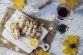 Slices of homemade raisin cake with black tea. Raisin bread cake. Breakfast concept. Rustic style. autumn still life Royalty Free Stock Photo