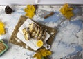 Slices of homemade raisin cake with black tea. Raisin bread cake. Breakfast concept. Rustic style. autumn still life Royalty Free Stock Photo
