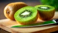 Slices of Kiwi on a Wooden Cutting Board with a Table Knife - Generative Ai Royalty Free Stock Photo