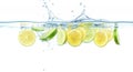 Slices of Lemon and Lime Splashing in Clear Water on a White Background Dynamic Refreshing Concept Royalty Free Stock Photo