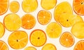 Slices of lemon and orange on white background. Flat lay, top view Royalty Free Stock Photo