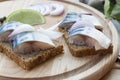 Slices of marinated mackerel with onion in a jar, lime, laurel and bread on wooden board Royalty Free Stock Photo