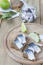 Slices of marinated mackerel with onion in a jar, lime, laurel and bread on wooden board Royalty Free Stock Photo