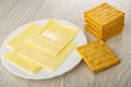 Slices of melted cheese in plate, stack of crackers on table