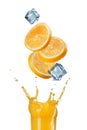 Slices of orange falling into juice splash