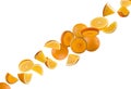 Slices of orange flying in space isolated on white background. Ripe and delicious citrus fruit close up. Appetizing sliced orange Royalty Free Stock Photo