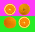 Slices of orange fruit isolated on colorful purple and green pastel background - fresh modern minimalistic and creative image