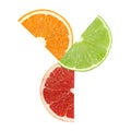 Slices of orange, grapefruit and lime fruits are located in a circle isolated on white background, with clipping path Royalty Free Stock Photo