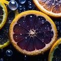 slices of orange and grapefruit with water droplets on a black background Royalty Free Stock Photo