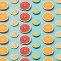 Slices of orange, lemon, grapefruit and lime on a blue background. Pattern Royalty Free Stock Photo