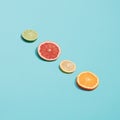 Slices of orange, lemon, grapefruit and lime on a blue background Royalty Free Stock Photo