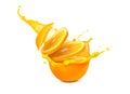 Slices of orange in splash close up, isolated Royalty Free Stock Photo