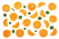 Slices of orange or tangerine with mint leaves isolated on white background. Flat lay, top view. Fruit composition Royalty Free Stock Photo