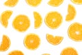 Slices of orange or tangerine on white background. Flat lay, top view. Fruit composition Royalty Free Stock Photo