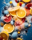 slices of oranges lemons blueberries strawberries and raspberries on a blue background Royalty Free Stock Photo